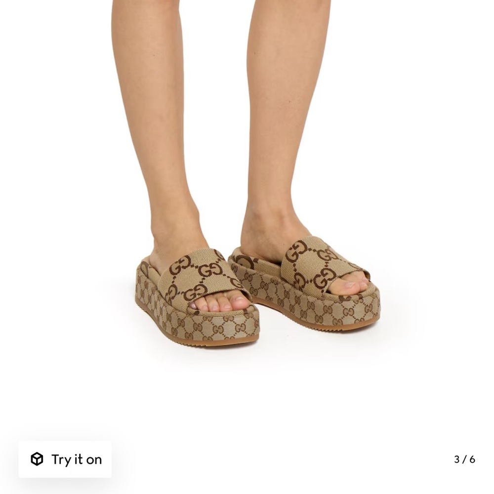 Gucci Tan Monogram Platform Slides - image 2